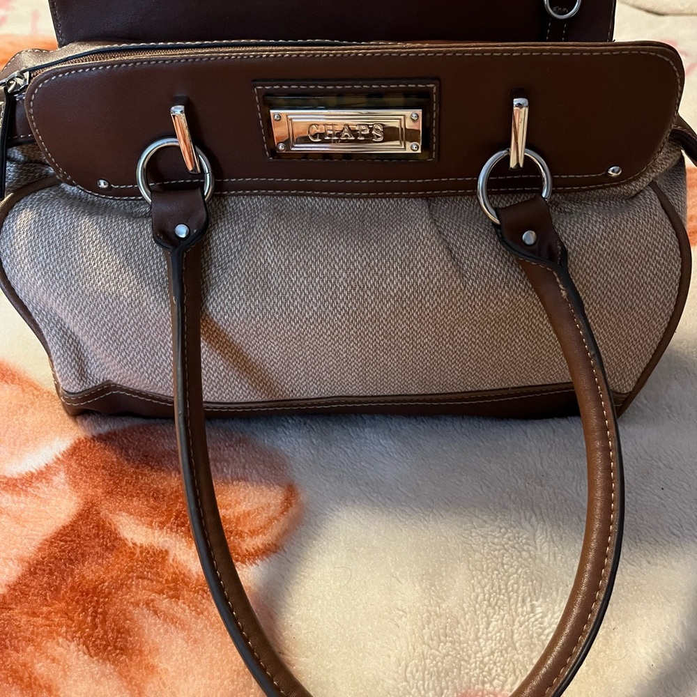 Chaps Brown and Cream Shoulder Bag with Leather Accents